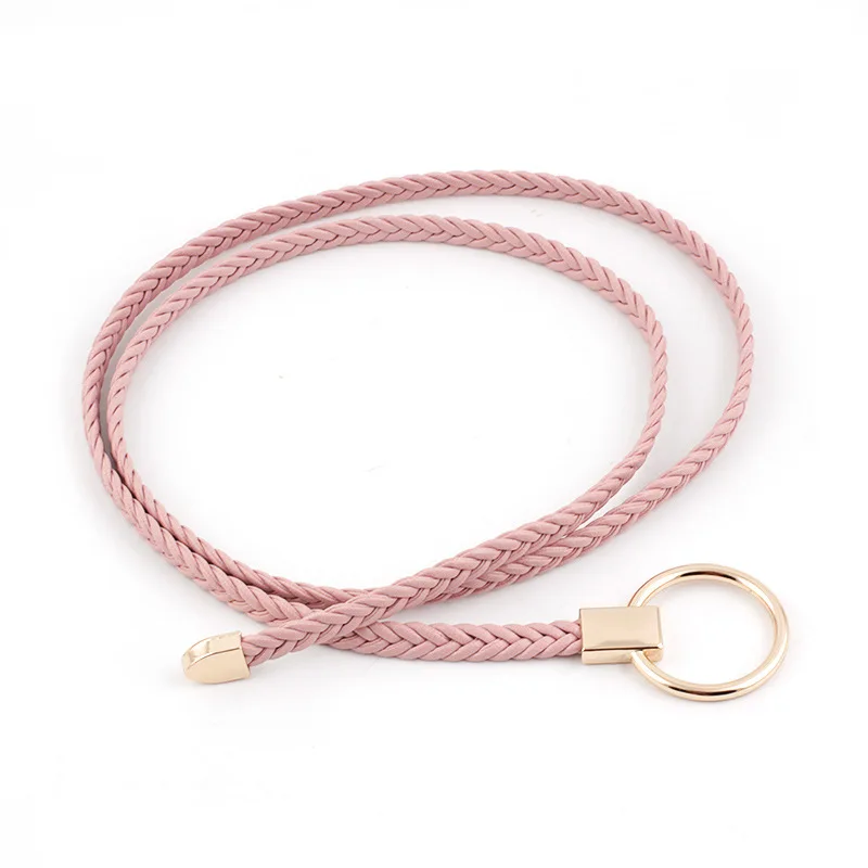 New Gold O Ring Buckle Weave Belt Ladies White Black Red Thin Braided Leather Belts For Women Dresses String Waistband