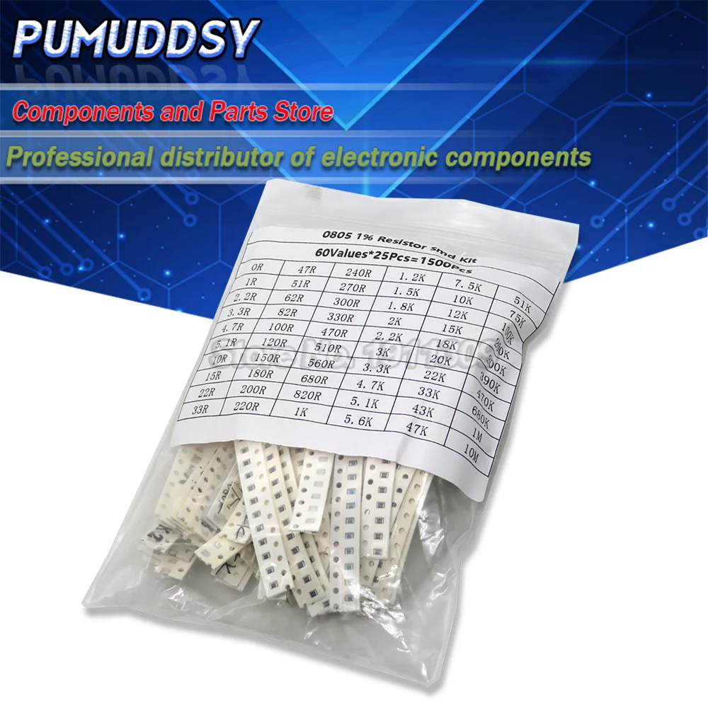 

1500 Pcs SMD 0805 Resistors Assorted Set (60 Values x 25 Pcs) 0ohm - 10M Ohm 1/8 Watt 1% High Precision Film Chip Resistance Kit