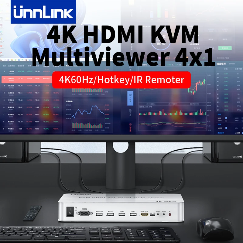 Многофункциональный переключатель Unnlink 4K60Hz HDMI KVM с горячим ключом 4x1 четырехъядерный экран в режиме реального времени мультипросмотр с ИК-пультом для PS4/5 ПК к телевизору