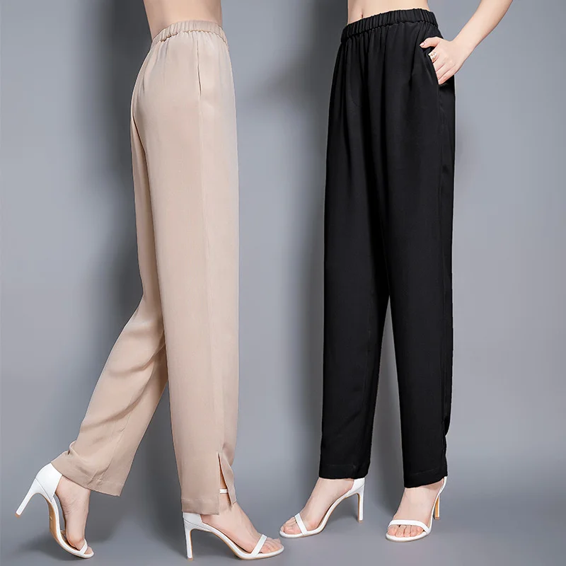 19 Mm Silk Elastic Waist Double Mulberry Silk Casual Pants with High Waist drooping and Loose Straight Sleeve Casual pants 20116