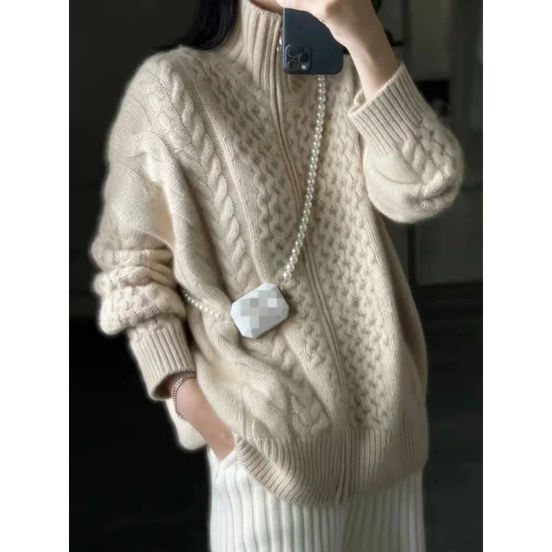 

Fashion Women's Sweater Autumn/Winter 2023 New High Collar Fried Dough Knitted Long Sleeve Top Korean Warm Loose Zipper Cardigan