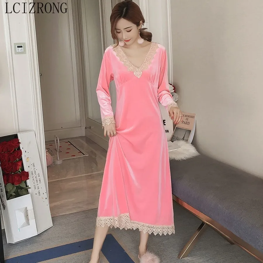 

Sexy Loose Women Pajamas Spring Long Nightdress Bath Robe Warm Lace Home Female Long Sleeve Night Dress Pijamas