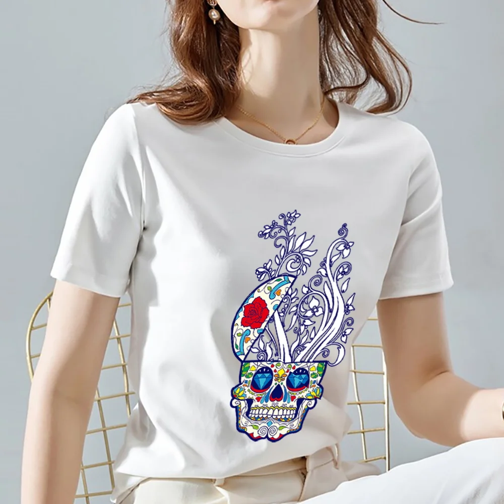 

2021 Women's Basic T-shirt Casual Style Color Skull Pattern Printing Series Simple Round Neck Top Commuter Light White Clothing