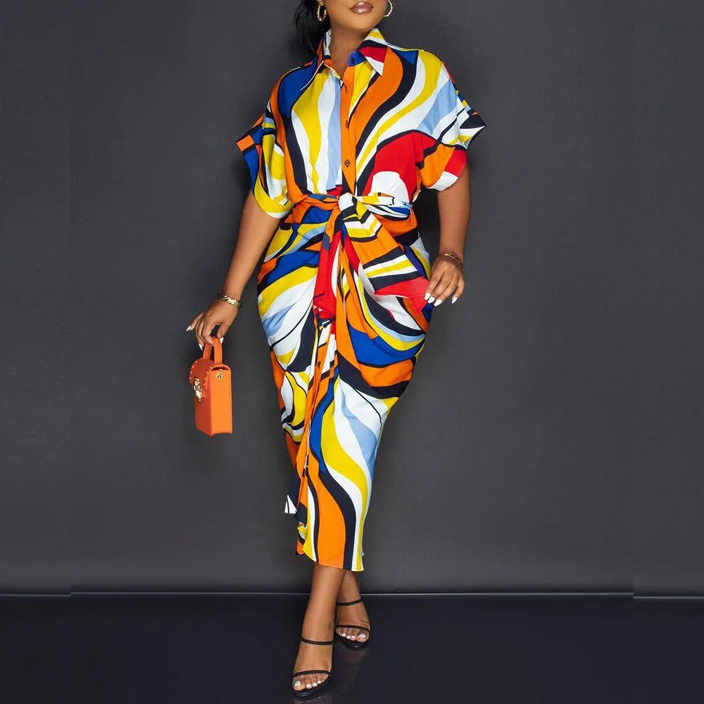 

Women Shirt Dress Elegant V Neck Button Ruched Bandage Summer Dresses Fashion Casual Short Sleeve Printed Beach Party Maxi Dress