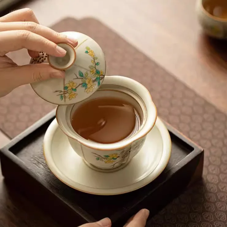 Ru Ware Cat Sancai Gaiwan Чайная чашка Набор кунг-фу Одинарная фарфоровая открывающаяся