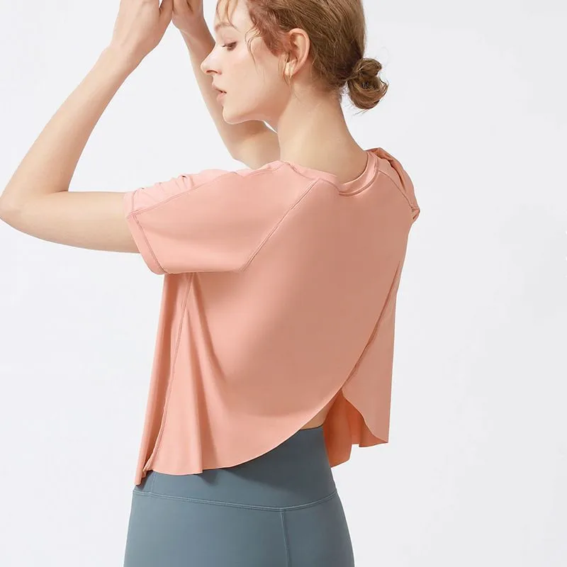 

Топ с коротким рукавом для йоги, женская одежда для йоги с круглым вырезом и разрезом, быстросохнущая дышащая Однотонная футболка для бега, ...