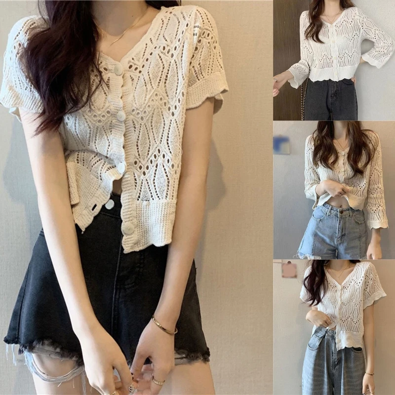 

2023 New Women Autumn Flare Long Sleeve Cropped Cardigan Hollow Out Knitted Wave Striped Button Down Sweater for JACKET Thin for