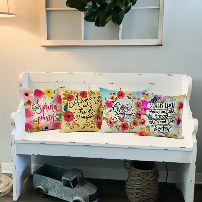 

Colorful Flowers Letter Design Linen Cushion Cover Sofa Pillowcase Household Decorative Hug Pillow Cover 45x45CM