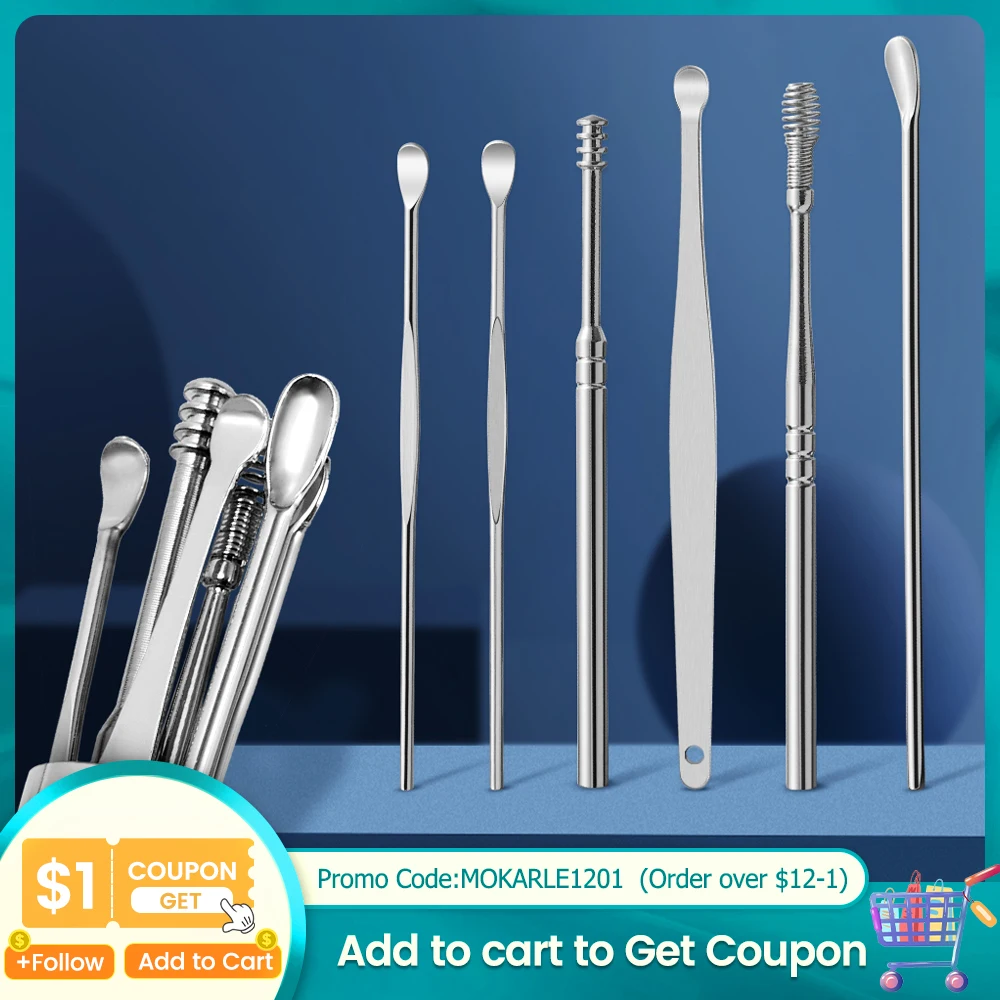 

6 PCS Ear Wax Removal Tools Ear Cleaner Stainless Steel Earwax Collector Spiral Turn Ear Pick Ear Wax Cleaning Tool Ear Spoon