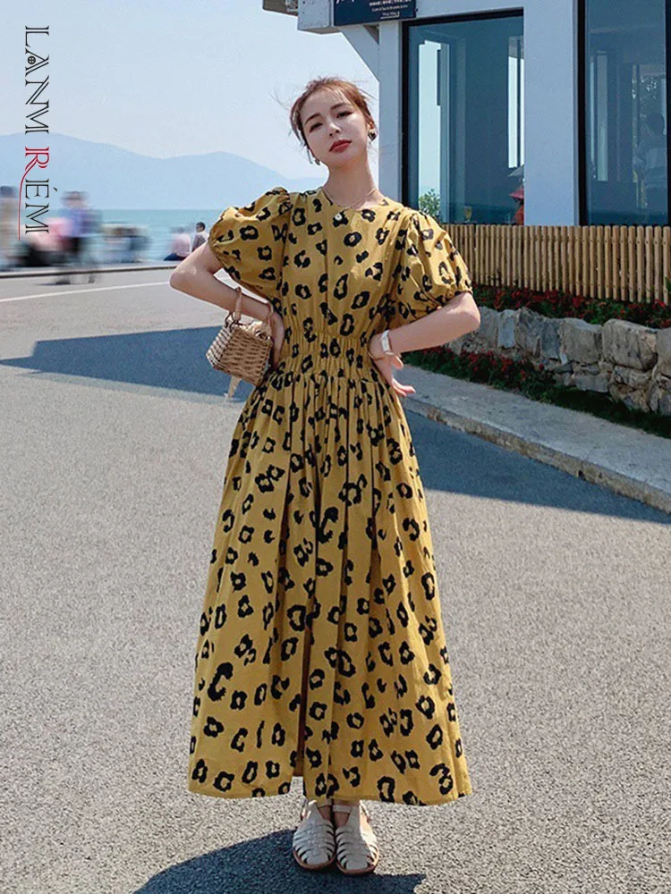 

LANMREM длинное платье с принтом для женщин, рукав-фонарик, круглый воротник, эластичная высокая талия, ТРАПЕЦИЕВИДНОЕ 2022, летняя женская новая ...