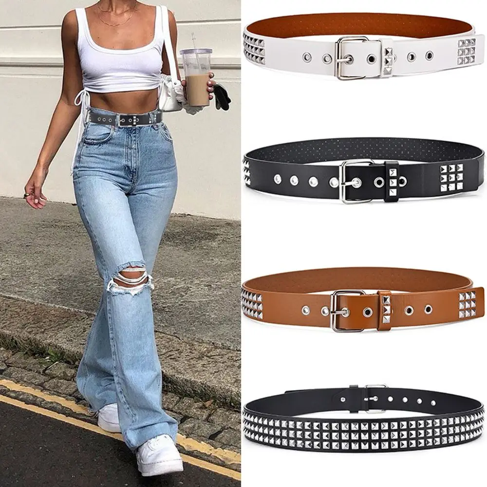 

Men Women Metal Button Adjustable Rivet Waistband Studded Belt PU Leather Square Beads