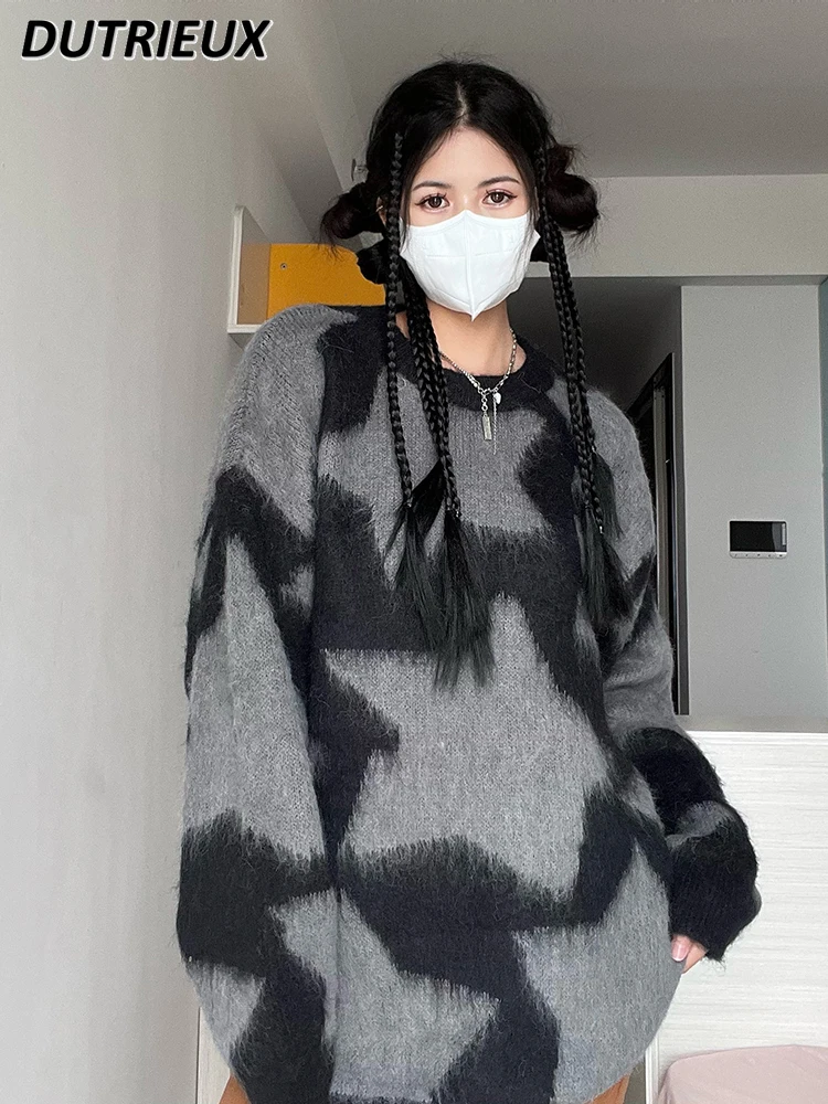 

High Street Casual Retro Style Printed Pullover Sweater for Ladies Loose Women's Knitted Sweater Fashion Couple Sweaters Top