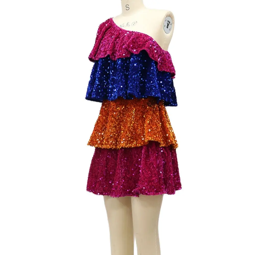 2023 New Women One Shoulder Party Dresses Sequins Short Sleeve Cake Mini Dresses Elegant Lady Prom Homecoming Graduation Dress