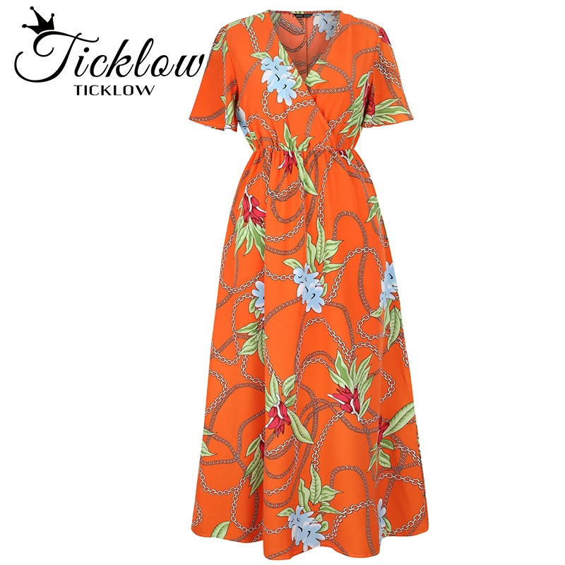

2022 Fashion Summer Women's V-Neck Pattern Print Long Skirt Elastic Waist Bohemian Bubble Short Sleeve Party Casual Long Dress