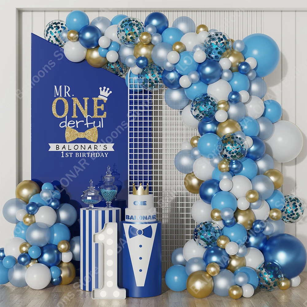 

145pcs Baby Boy 1st Birthday Balloon Garland Arch Kit Blue White Balloons For Mr Onederful 1st Birthday Little Man Party Decor