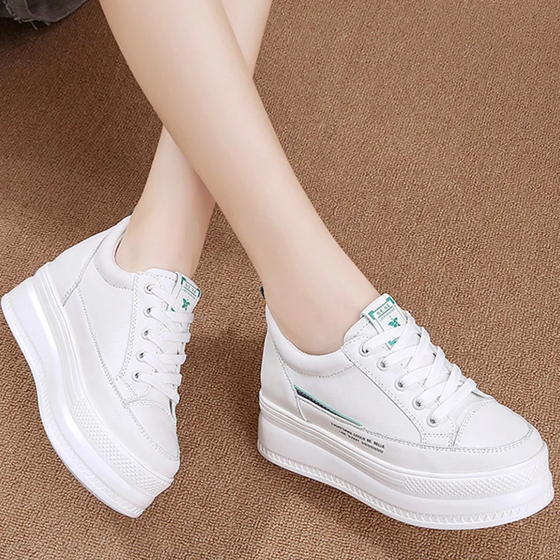 Platform 7cm Microfiber Leather Women Casual Shoes 2023 White Wedge Hidden Heel Shoes White Shoes Chunky Sneakers Skateboard