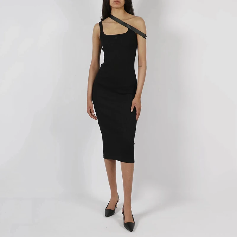 

Oblique shoulder belt halter undershirt female knitted sleeveless Slim Slim dress 2023 summer new y2k embroidered ladies skirt