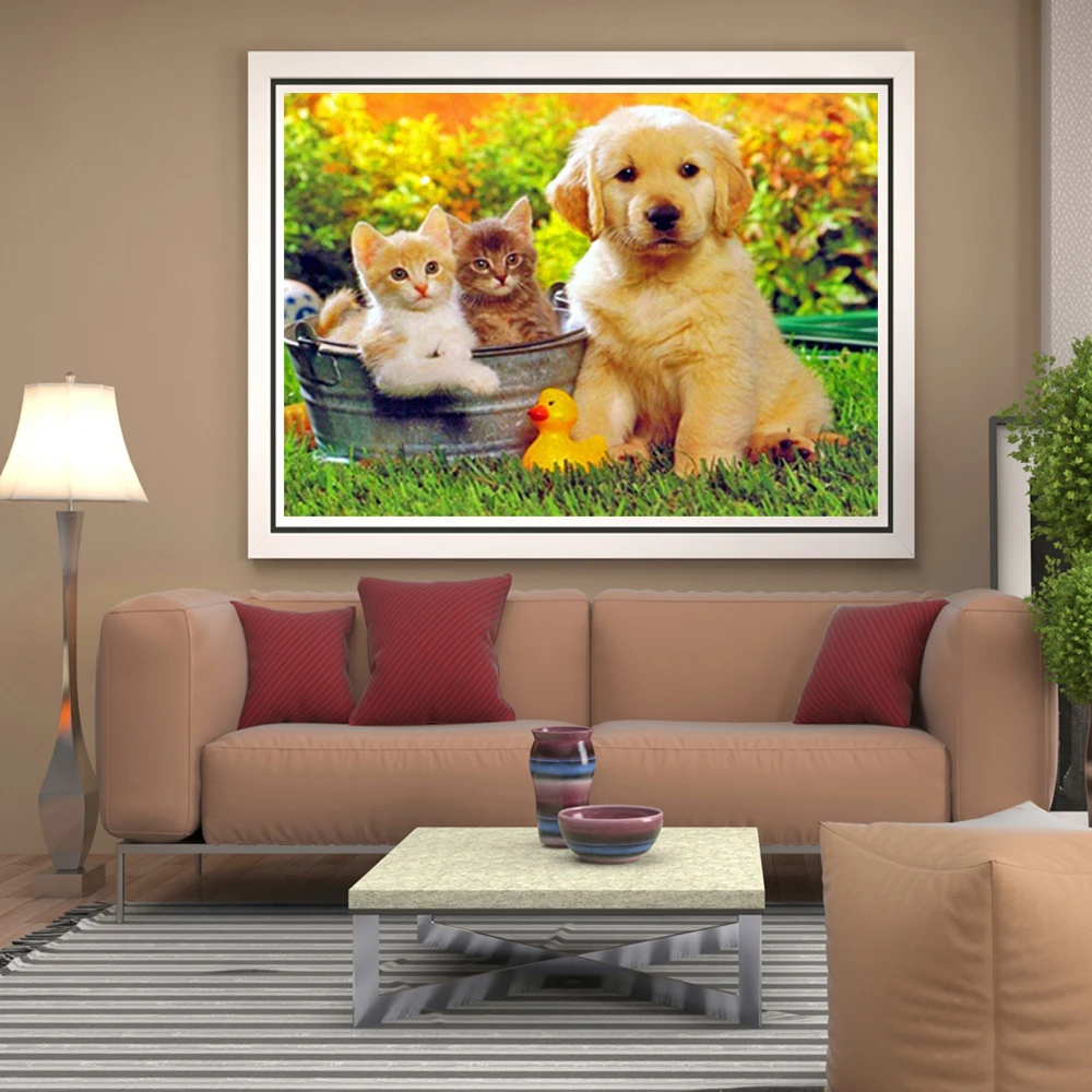 Алмазная вышивка 5D Кот и собака |