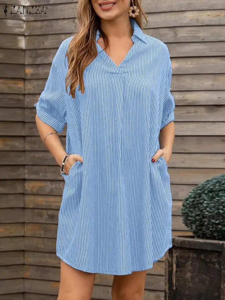 

2023 ZANZEA Fashion Summer V Neck Half Sleeve Sundress Women OL Striped Shirt Dress Casual Work Knee-length Vestido Oversize