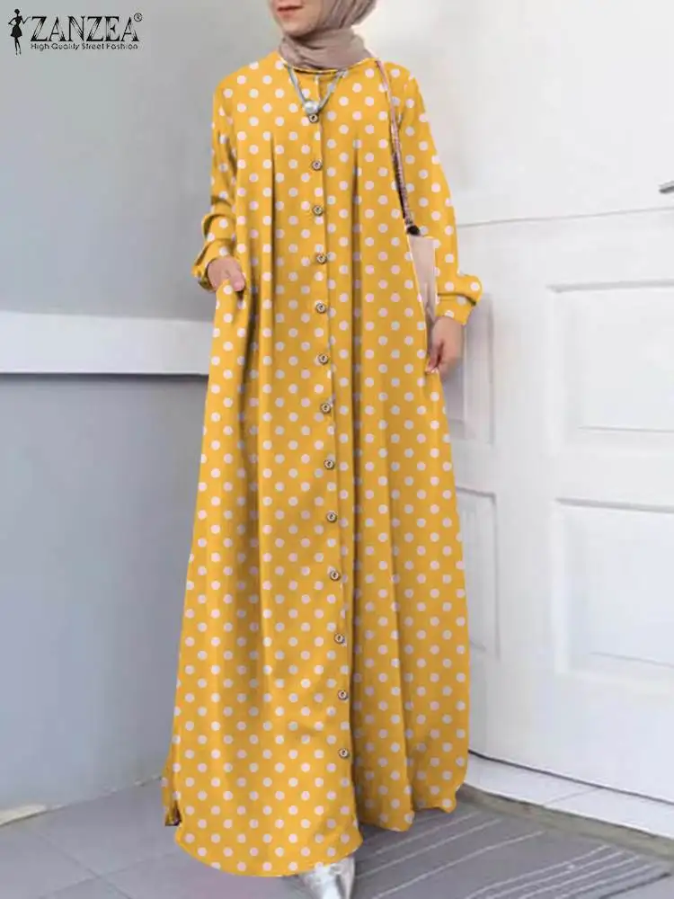 

ZANZEA Vintage Women Polka Dot Print Muslim Dress Spring Long Sleeve Dubai Turkey Abaya Hijab Dress Robe Femme Islamic Clothing