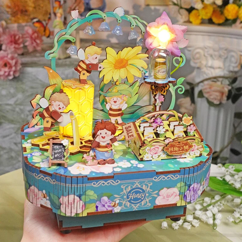 DIY 3D деревянная принцесса в стране чудес пчелы вечерние музыкальная шкатулка