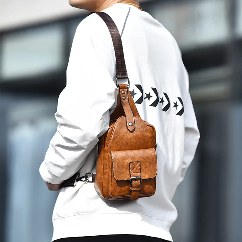 Mini Men'S Chest Bag Wallet Leather Fashion Bolsas Small Chest Pack Cross Shoulder Messenger Crossbody Side Bag Male Husband
