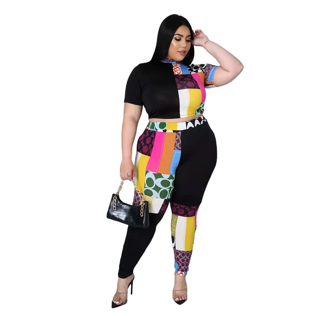 Plus Size Set Women Summer Clothing Fashion Printing Stitching Color Short Sleeve Top and Pant 2 Piece 3xl 4xl 5xl 6xl