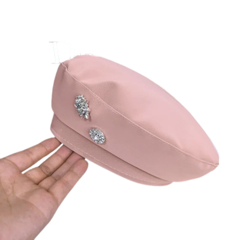 

Women Beret Korean Casual Versatile PU Leather Simple Solid Color Beret Rhinestone Vintage Hat Cute Girl Hat casquettes Hommes