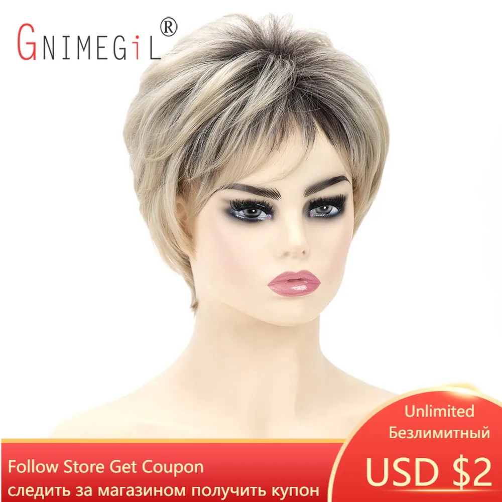 

GNIMEGIL Blonde Wig with Bang for Women Synthetic Short Hairstyles Natural Wig Dark Roots Ombre Blond Hair Replacement Wig Cute