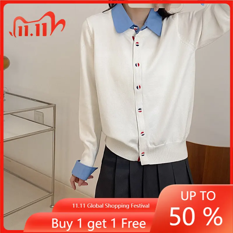 

TB Fake Two-piece Polo Neck Sweater Womens Autumn and Winter New Fashion Joker Contrast Color Couple Long Sleeve Cardigan