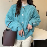 spring new sweater women 2021 autumn winter new korean retro loose thick outer wear knitted cardigan blue white fashion sweaters