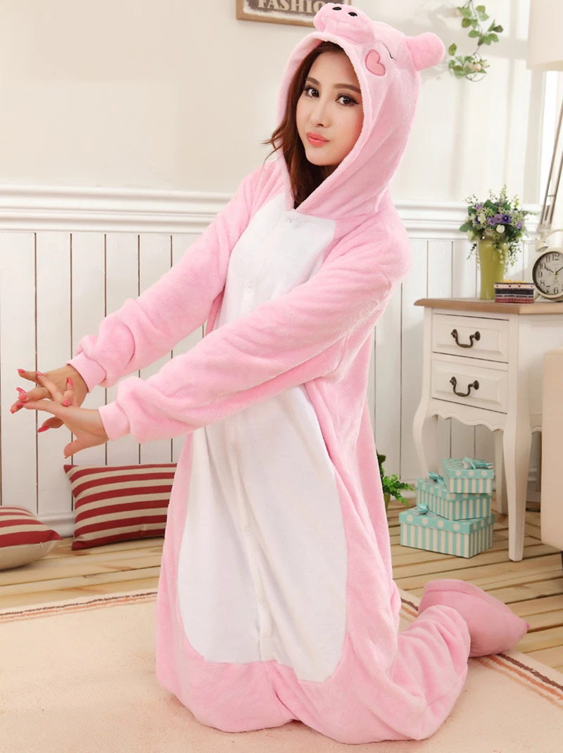 Adults Animal Pajamas Sets Sweet Home Clothes Winter Warm Pink Length To The Floor Cute Cartoon Sleepwear Cosplay Pig Costume