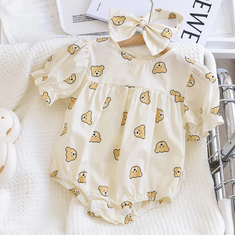 

MILANCEL 2022 Summer New Baby Bodysuit Toddler Cartoon Bear Print Puff Sleeve One Piece With Headband