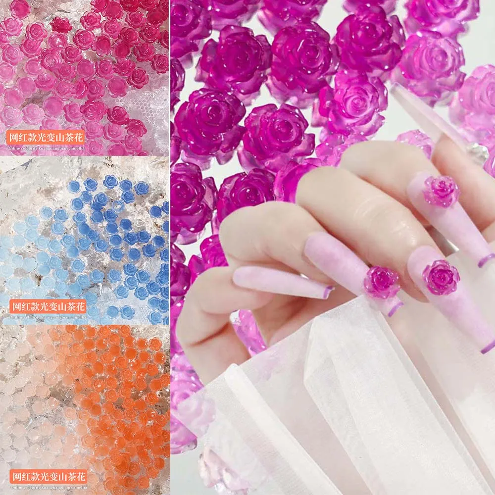 

100Pcs UV Sensitive Camellia Shape Nail Charms 8mm Kawaii Color Changing Charms Nail Art Decorations For DIY Manicure