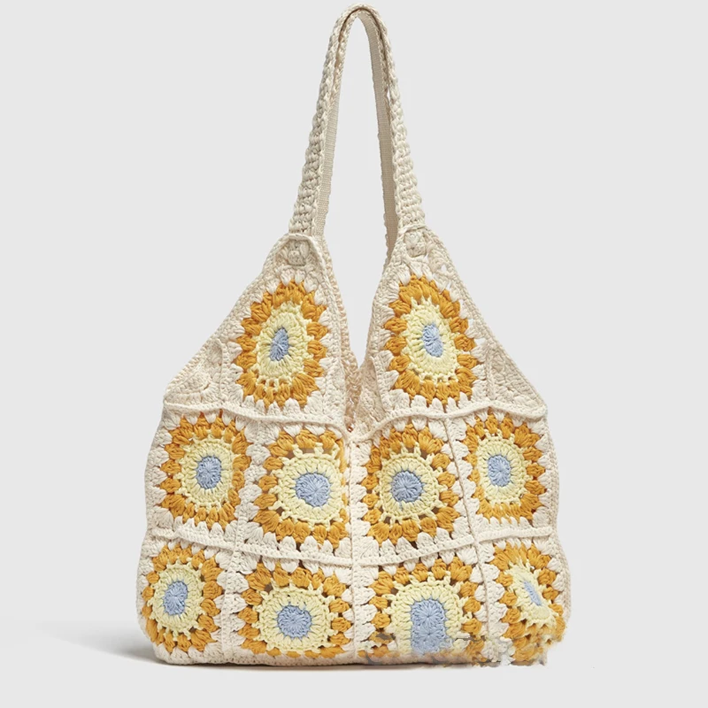 

Vintage Jacquard Embroidered Shoulder Bags Women 2022 Summer Boho Knitted Tote Bag Large Capacity Beach Handbags For Women
