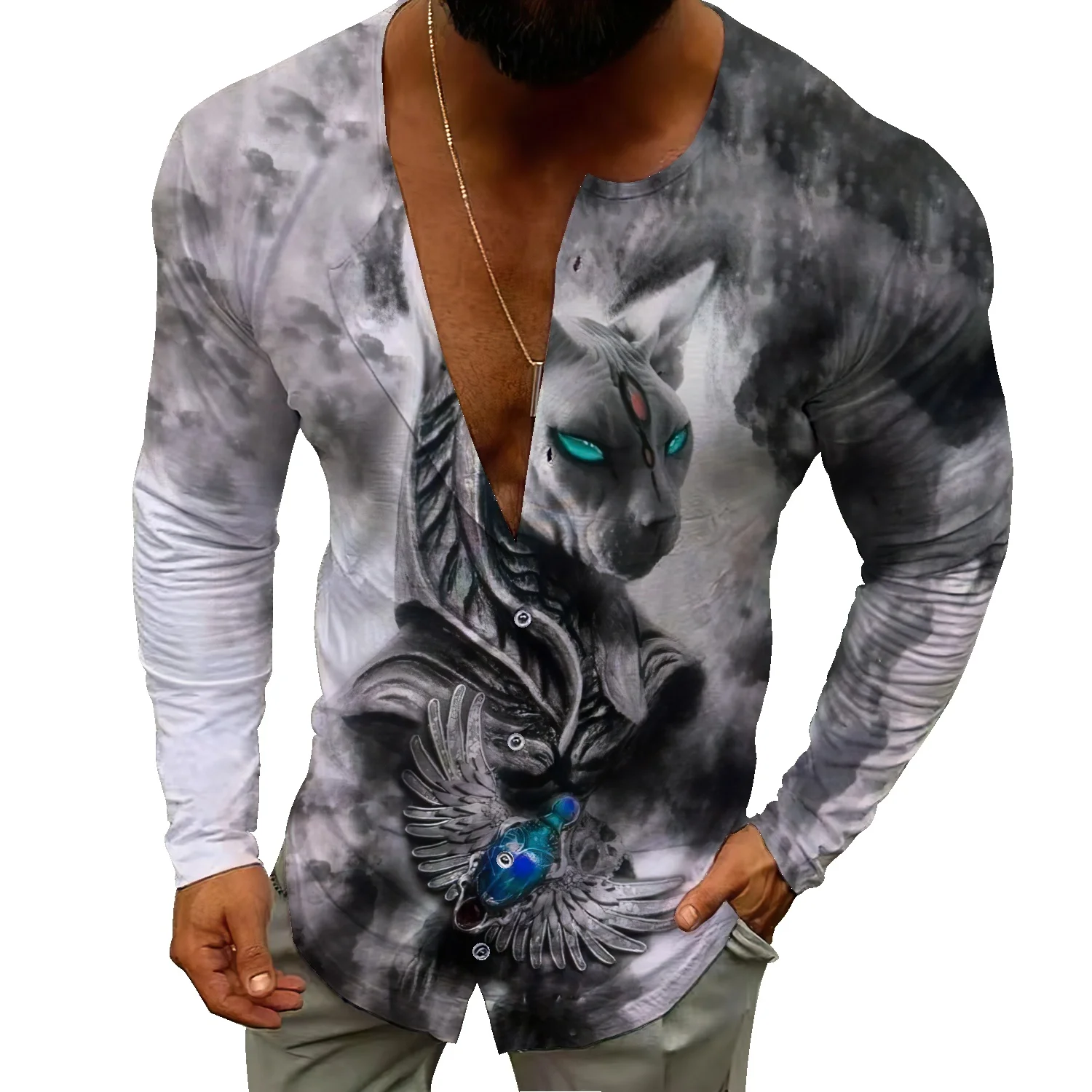 

Spring new men's casual sports shirt European and American abstract character portrait long-sleeved shirt