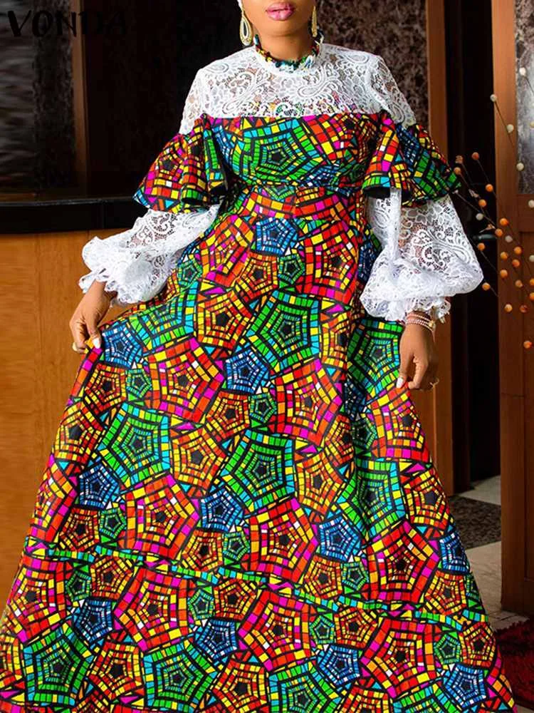 

VONDA Party Dress 2022 Autumn Maxi Evening Sundress Women Long Sleeve Lace Patchwork High Neck Vintage Printed Bohemian Dresses