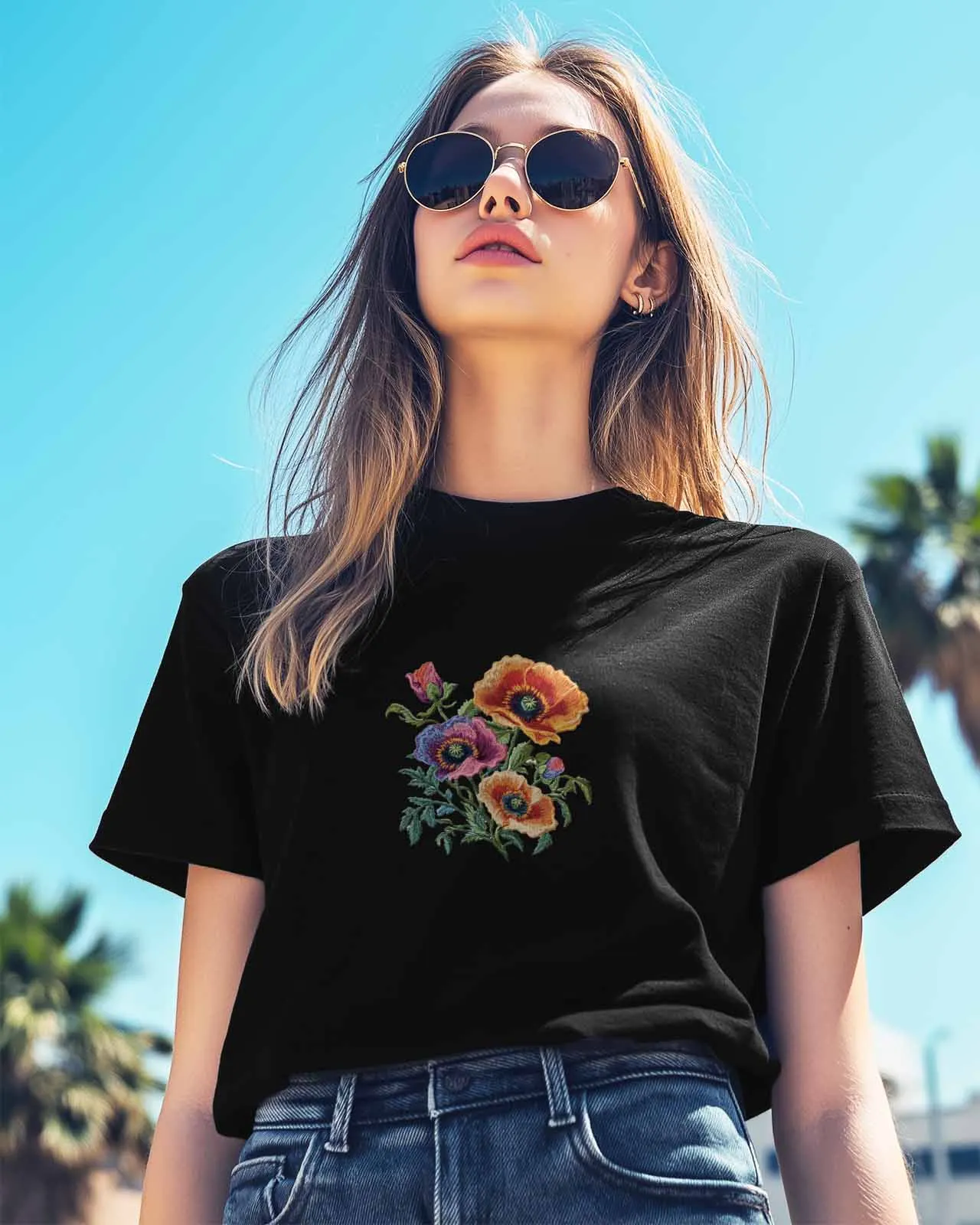 Женские топы футболки красочные с вышитыми цветами мака повседневные круглым