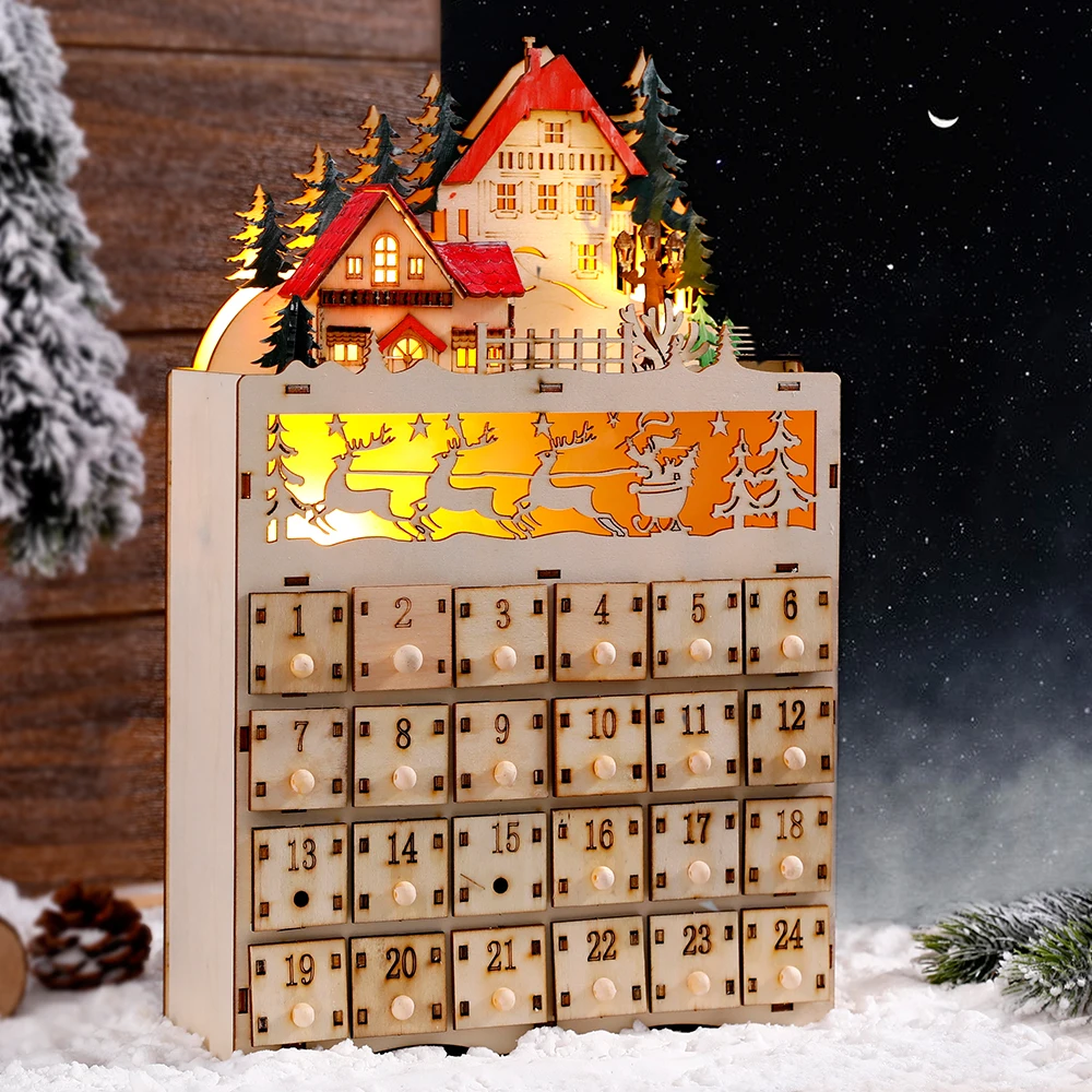 

Christmas Wooden Advent Calendar LED Lights 24 Drawer Christmas Elk House Countdown Calendar Christmas Decorations New Year Gift