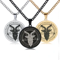 stainless steel solomon satan pentagram skull goat head logo round pendant mens necklace