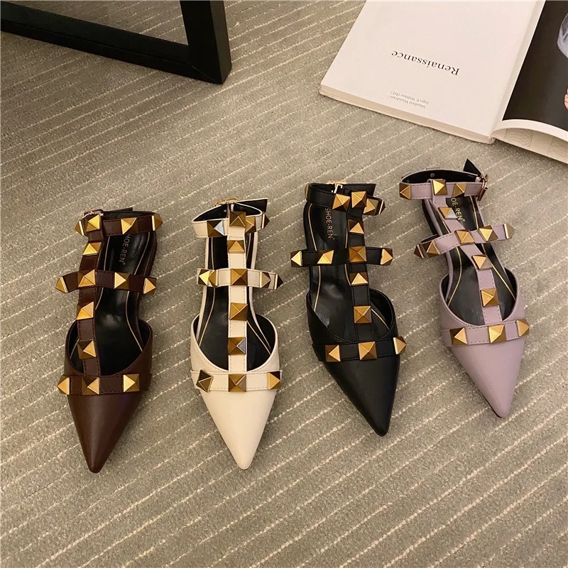 

2022 New Spring Autumn New Rivet Mules Sandals Women Flats Rome Shoes Female Pointed Toe Casual Slides Ladies Flat Sandals