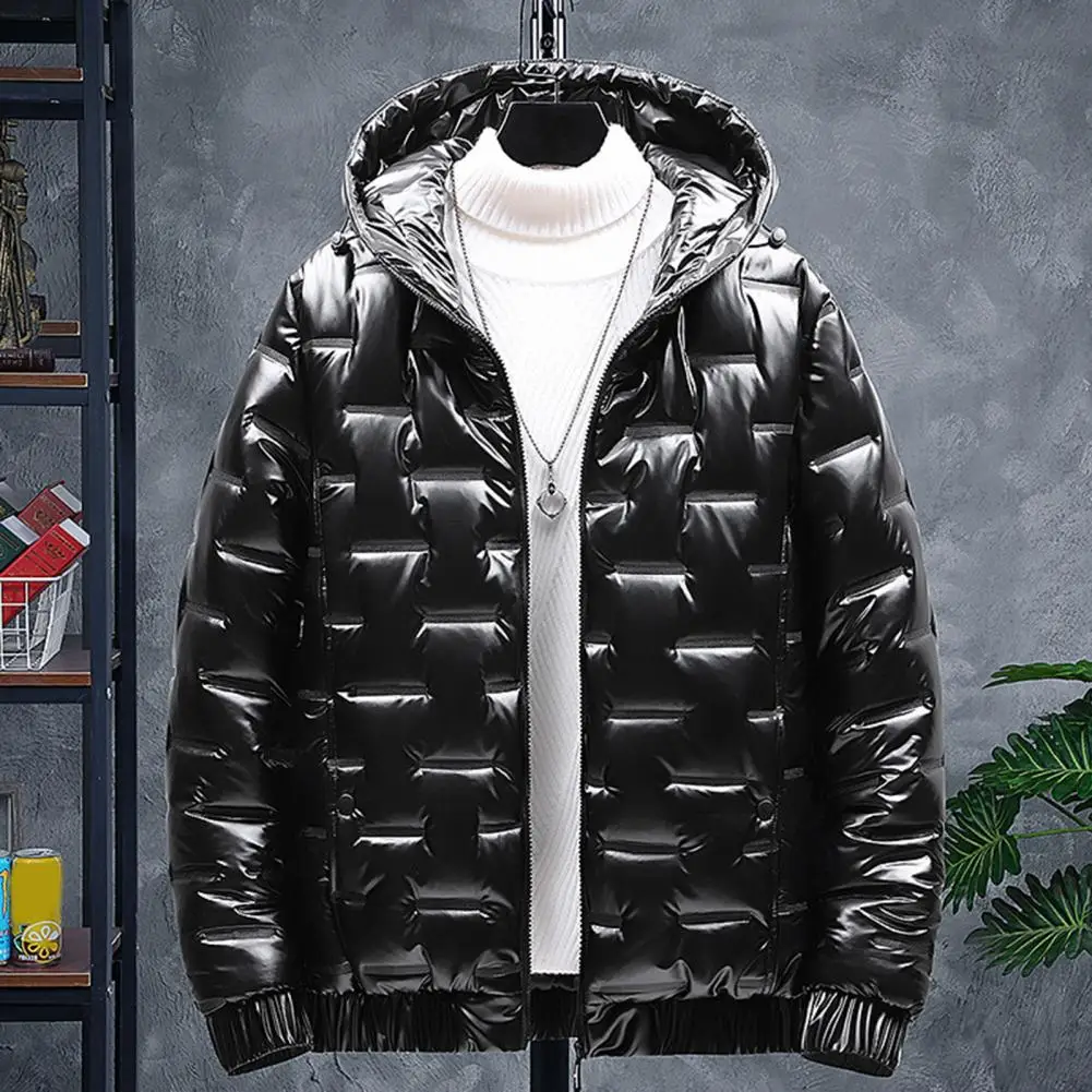 

Fashion Men Jacket Bright Surface Hooded Fluffy Filling Windproof Winter Embossing Cotton Padded Windbreaker Overcoat for Trip