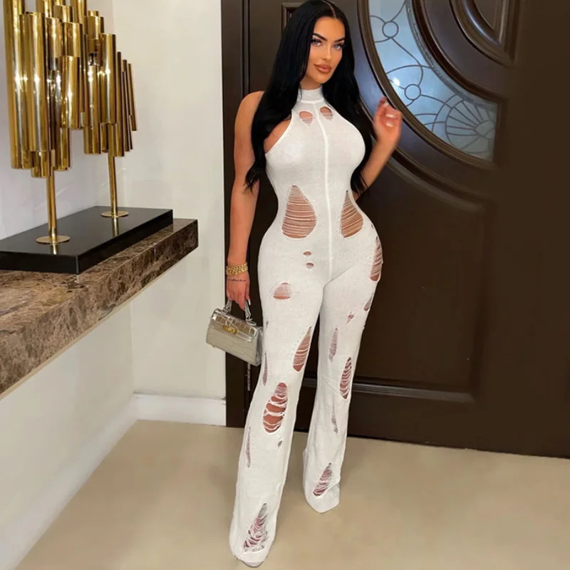 

2023 Summer Women's New Sexy Sleeveless Knitted Holes High Neck High Waist Slim Long Jumpsuit