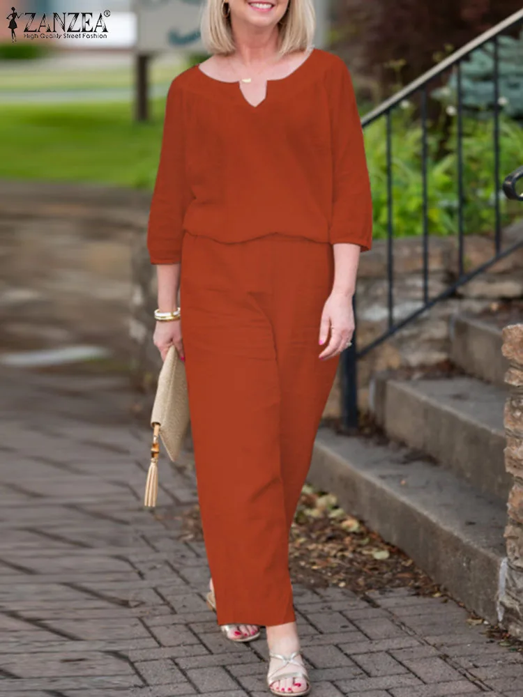 

Брюки ZANZEA женские с широкими штанинами, модный городской спортивный костюм из 2 предметов, с V-образным вырезом и рукавом 3/4, однотонные рабоч...