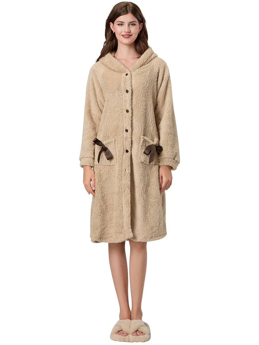 Женский халат на пуговицах с бантом и карманами фланелевой капюшоном для отеля