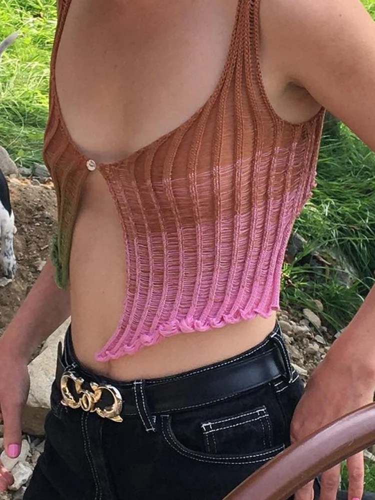 

Женский трикотажный кроп-топ Y2k, летний сексуальный топ с открытой передней частью, клубный жилет для вечевечерние E-girl, модная майка, улична...