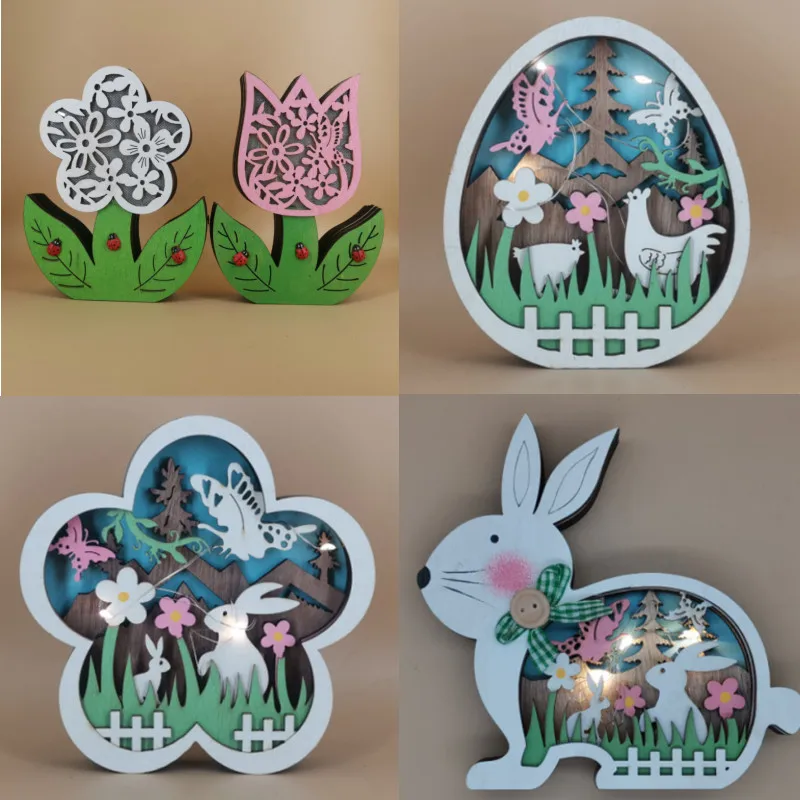 1PC Creative Easter Wooden Bunny Rabbit Flower Egg Hollow LED Light Craft Ornament Handmade Home Decor Desktop Lamp Party Gift |