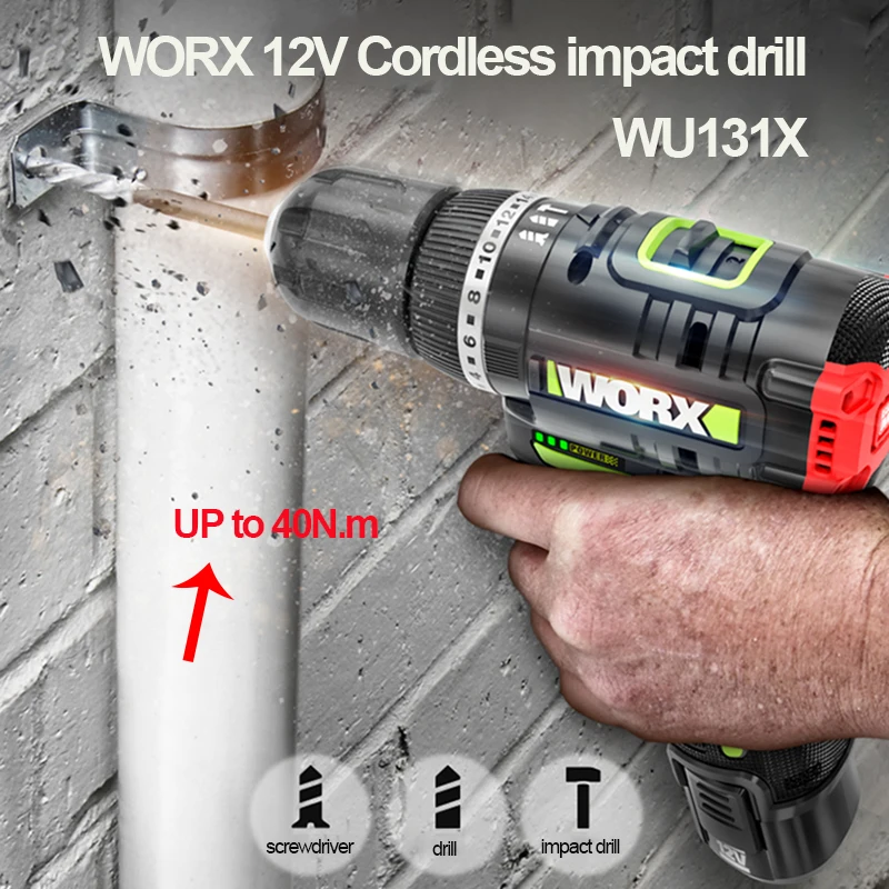 

WORX WU131X 12V Brushless Motor Cordless Electric Drill Screwdriver Impact Hammer Drill 40N.m Power Tools