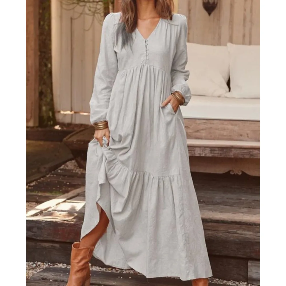 

Женское Повседневное платье-макси из хлопка, однотонное элегантное платье-рубашка в стиле бохо с V-образным вырезом и длинным рукавом, с оборками, осень 2023