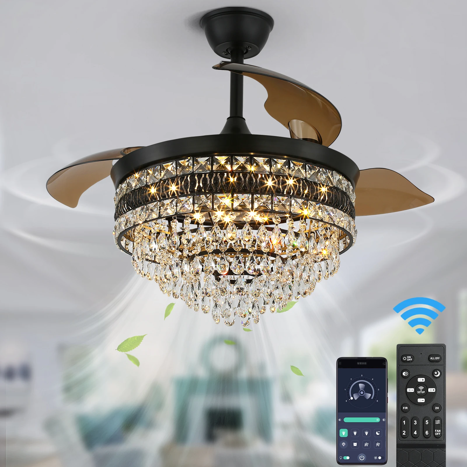 

Modern Smart Ceiling Fan APP RC Adjustable 6 Level Speed Pendant Lighting Luminaire Bedroom 3 Heads Led Fandelier Lamp Indoor